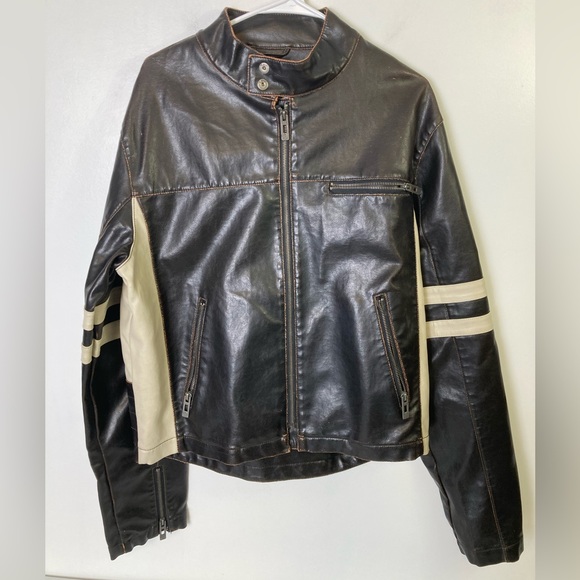 Vintage Men’s Brown Bomber Jacket w Cream Sides and Stripes on Sleeves, Large - Picture 1 of 15